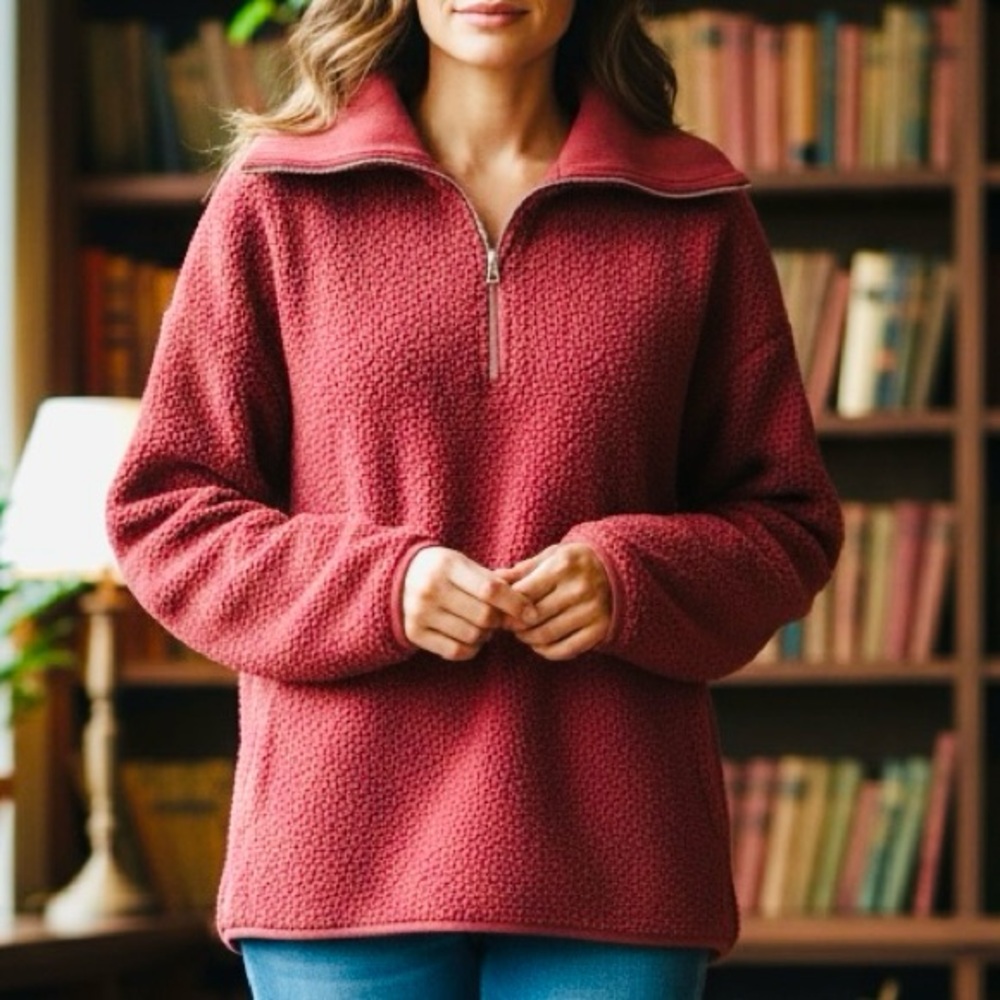 ELLE Mauve Sherpa-Style Fleece Quarter-Zip Pullover Soft & Cozy